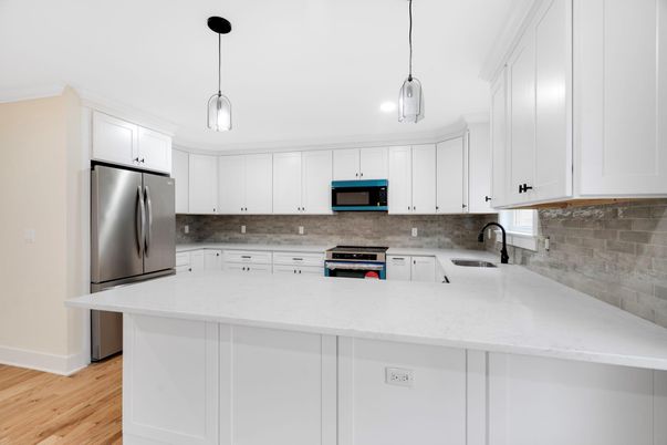 Interior, Kitchen, Pendant Lights, Stainless Steel Appliances, Wood Texture Flooring