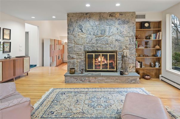 Fireplace, Interior, Recessed Lighting, Stone Walls, Wood Texture Flooring