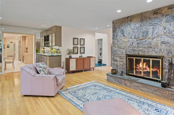 Fireplace, Interior, Recessed Lighting, Stone Walls, Wood Texture Flooring