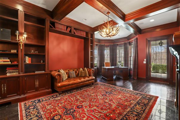 Chandelier, Home Office, Interior, Pendant Lights, Recessed Lighting, Wooden Beams, Wood Texture Flooring