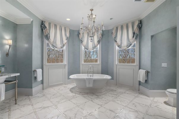Bathroom, Chandelier, Free Standing Baths, Interior, Marble, Recessed Lighting