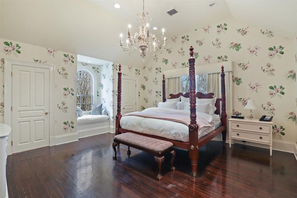 Bedroom, Chandelier, Interior, Recessed Lighting, Wood Texture Flooring