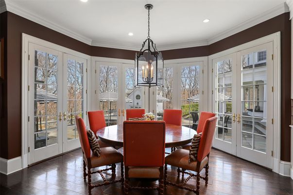 Dining room, Interior, Pendant Lights, Recessed Lighting, Wood Texture Flooring