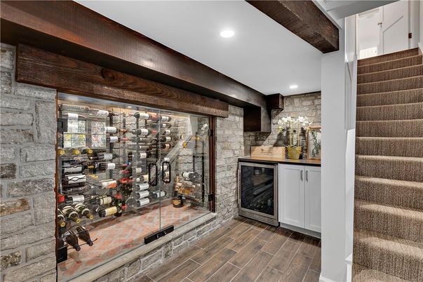 Interior, Recessed Lighting, Stone Walls, Wine Storage, Wood Texture Flooring
