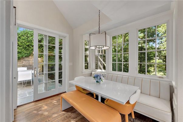 Dining room, Interior, Pendant Lights, Wood Texture Flooring
