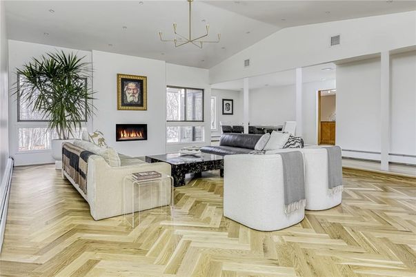 Bedroom, Fireplace, Interior, Living room, Pendant Lights, Recessed Lighting, Wood Texture Flooring
