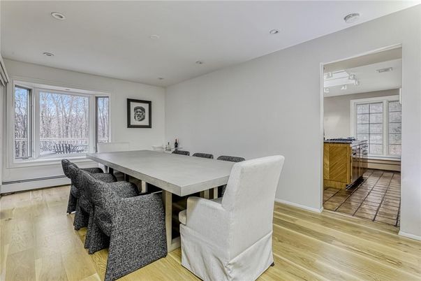 Dining room, Interior, Recessed Lighting, Wood Texture Flooring