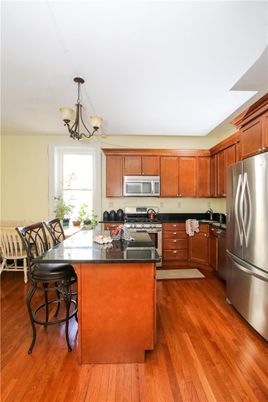 Chandelier, Interior, Kitchen, Stainless Steel Appliances, Wood Texture Flooring