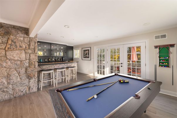 Billiard Table, Game Room, Interior, Recessed Lighting, Stone Walls, Wood Texture Flooring