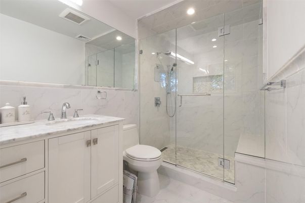 Bathroom, Glass Shower, Interior, Marble, Marble Walls, Recessed Lighting