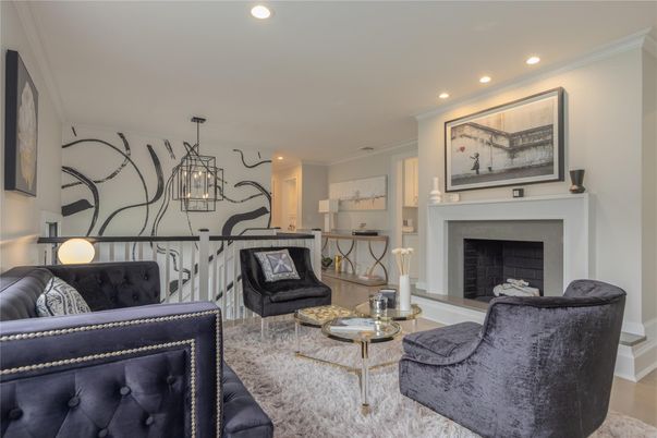 Fireplace, Interior, Living room, Pendant Lights, Recessed Lighting, Wood Texture Flooring