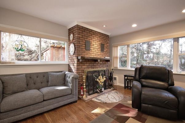 Fireplace, Interior, Recessed Lighting, Stone Walls, Wood Texture Flooring