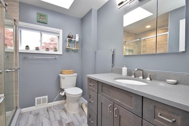 Bathroom, Glass Shower, Interior, Recessed Lighting, Wood Texture Flooring