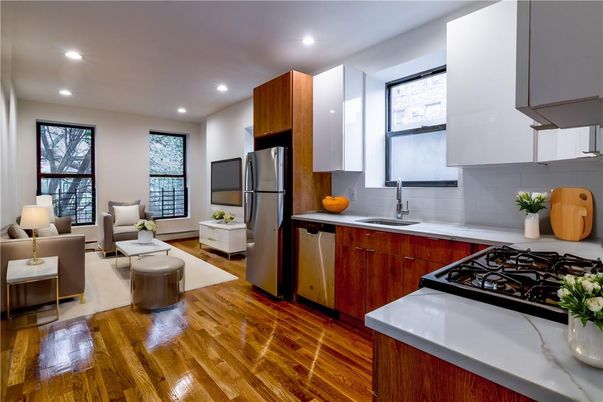 Interior, Kitchen, Living room, Recessed Lighting, Stainless Steel Appliances, Wood Texture Flooring
