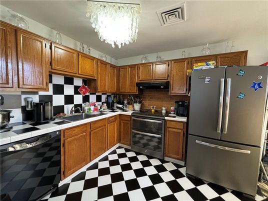 Chandelier, Interior, Kitchen, Tile Countertops