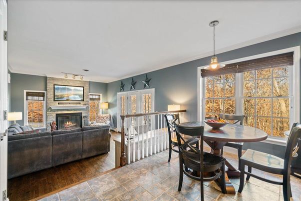 Dining room, Fireplace, Interior, Living room, Pendant Lights