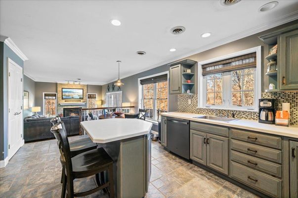 Dining room, Fireplace, Interior, Kitchen, Living room, Pendant Lights, Recessed Lighting, Stainless Steel Appliances
