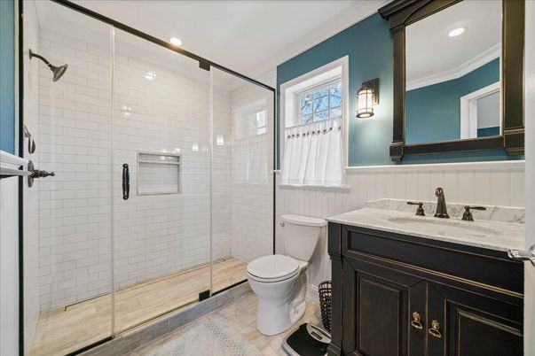 Bathroom, Glass Shower, Interior, Recessed Lighting, Wood Texture Flooring