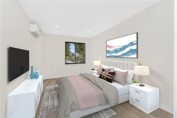 Bedroom, Interior, Recessed Lighting, Wood Texture Flooring