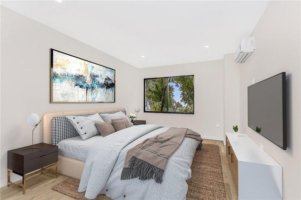 Bedroom, Interior, Recessed Lighting, Wood Texture Flooring