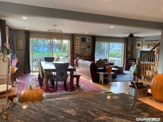 Dining room, Interior, Living room, Pendant Lights, Recessed Lighting, Wood Texture Flooring