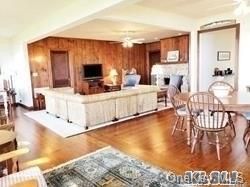 Dining room, Fireplace, Interior, Kitchen, Living room, Wood Texture Flooring, Wooden Walls