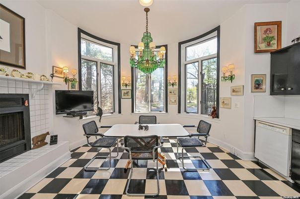 Dining room, Fireplace, Interior, Pendant Lights