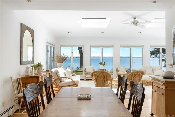 Dining room, Interior, Living room, Recessed Lighting, Water, Wood Texture Flooring