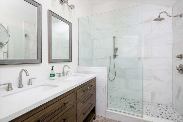 Bathroom, Dual Sink Vanities, Glass Shower, Interior, Marble Walls