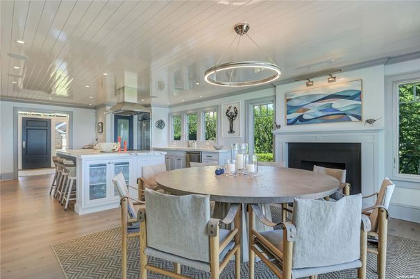 Dining room, Fireplace, Interior, Kitchen, Pendant Lights, Recessed Lighting, Wood Texture Flooring