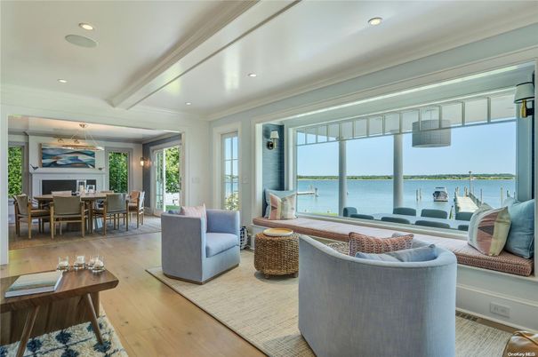 Dining room, Interior, Living room, Recessed Lighting, Water, Wood Texture Flooring