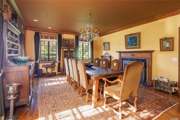 Chandelier, Dining room, Fireplace, Interior, Recessed Lighting, Wood Texture Flooring