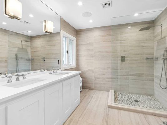 Bathroom, Dual Sink Vanities, Glass Shower, Interior, Recessed Lighting