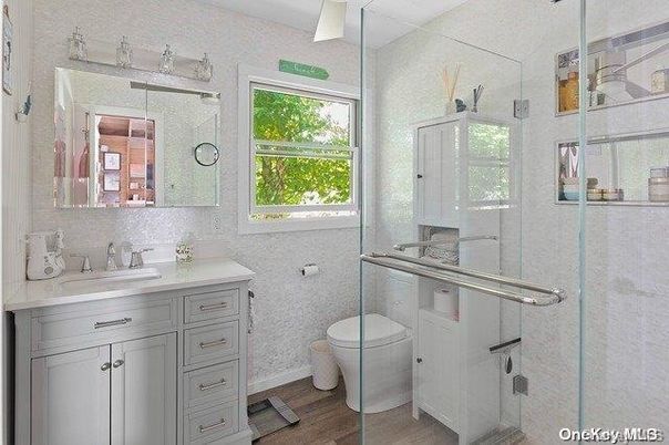 Bathroom, Glass Shower, Interior, Wood Texture Flooring