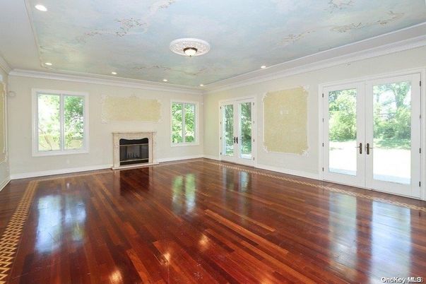 Empty room, Fireplace, Interior, Recessed Lighting, Wood Texture Flooring