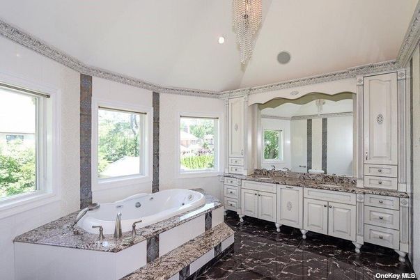 Bathroom, Dual Sink Vanities, Interior, Marble, Recessed Lighting