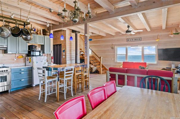 Dining room, Interior, Kitchen, Living room, Pendant Lights, Stainless Steel Appliances, Wooden Beams, Wooden Ceilings, Wood Texture Flooring, Wooden Walls