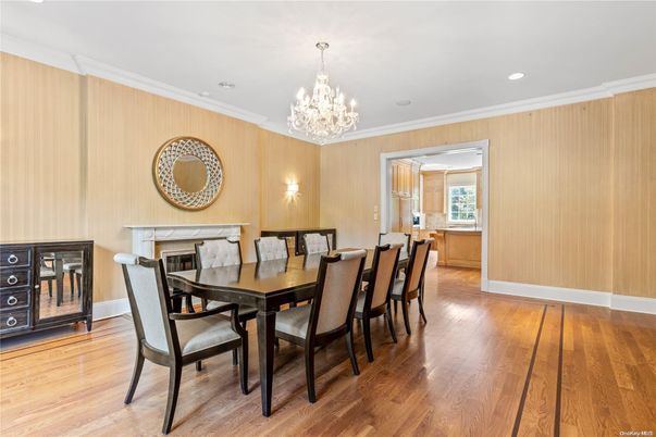Chandelier, Dining room, Fireplace, Interior, Recessed Lighting, Wood Texture Flooring