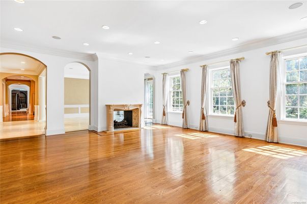 Empty room, Fireplace, Interior, Recessed Lighting, Wood Texture Flooring