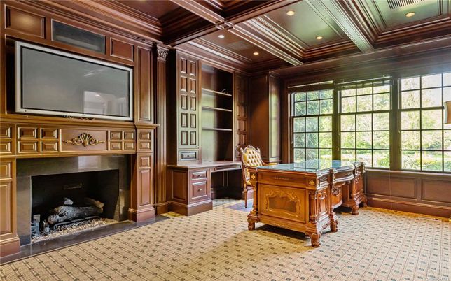 Fireplace, Home Office, Interior, Recessed Lighting, Wooden Beams, Wooden Walls