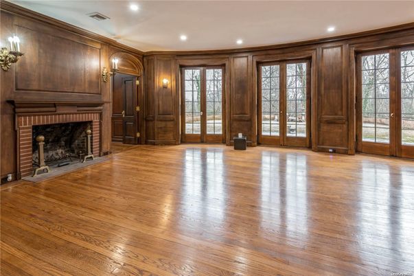 Empty room, Fireplace, Interior, Recessed Lighting, Wood Texture Flooring, Wooden Walls