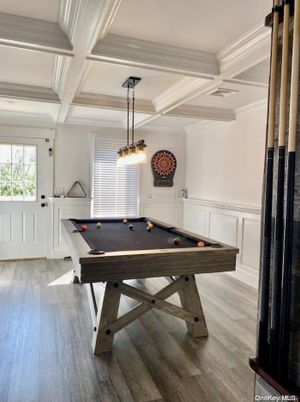 Billiard Table, Game Room, Interior, Pendant Lights, Wood Texture Flooring