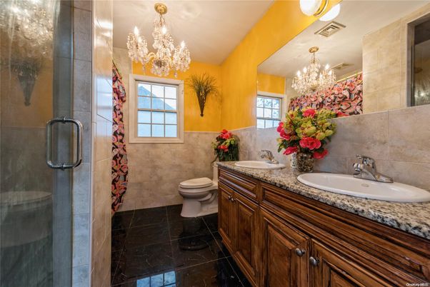 Bathroom, Chandelier, Dual Sink Vanities, Glass Shower, Interior, Marble