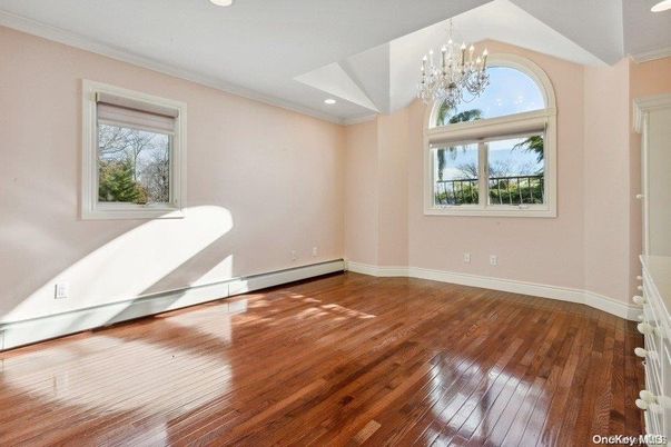 Chandelier, Empty room, Interior, Recessed Lighting, Wood Texture Flooring