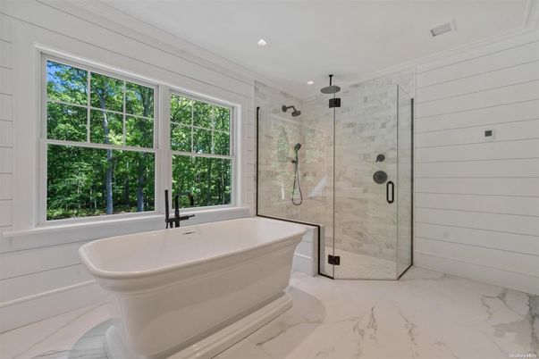 Bathroom, Free Standing Baths, Glass Shower, Interior, Marble, Marble Walls, Recessed Lighting