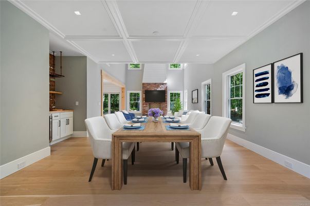Dining room, Interior, Recessed Lighting, Wood Texture Flooring