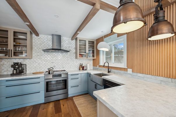 Interior, Kitchen, Pendant Lights, Stainless Steel Appliances, Wooden Beams, Wood Texture Flooring