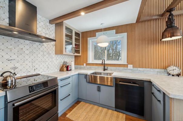 Interior, Kitchen, Pendant Lights, Recessed Lighting, Stainless Steel Appliances, Wood Texture Flooring