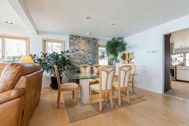 Dining room, Interior, Kitchen, Recessed Lighting, Stone Walls, Wood Texture Flooring