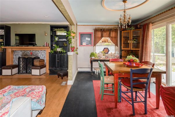 Dining room, Fireplace, Interior, Wood Texture Flooring